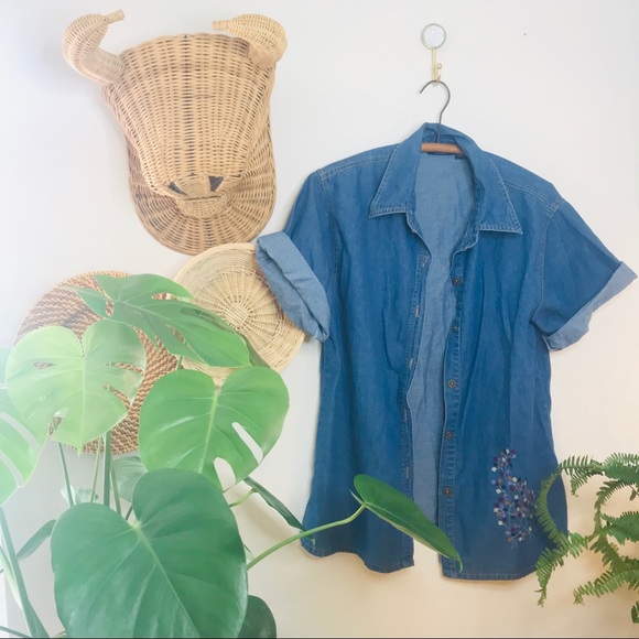 vtg vsco 90’s Floral Embroidered Denim Popover - Picture 4 of 4